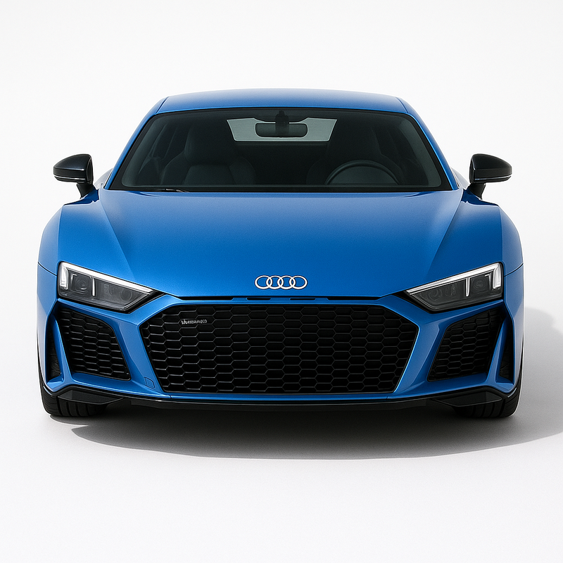 1:18 Audi R8 V10 (2019–2023) diecast model car – blue German supercar with sharp LED headlights, front view.