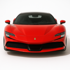 Front view of a red Ferrari SF90 Stradale, a 2020s hybrid supercar with sharp aerodynamic lines and aggressive LED headlights.