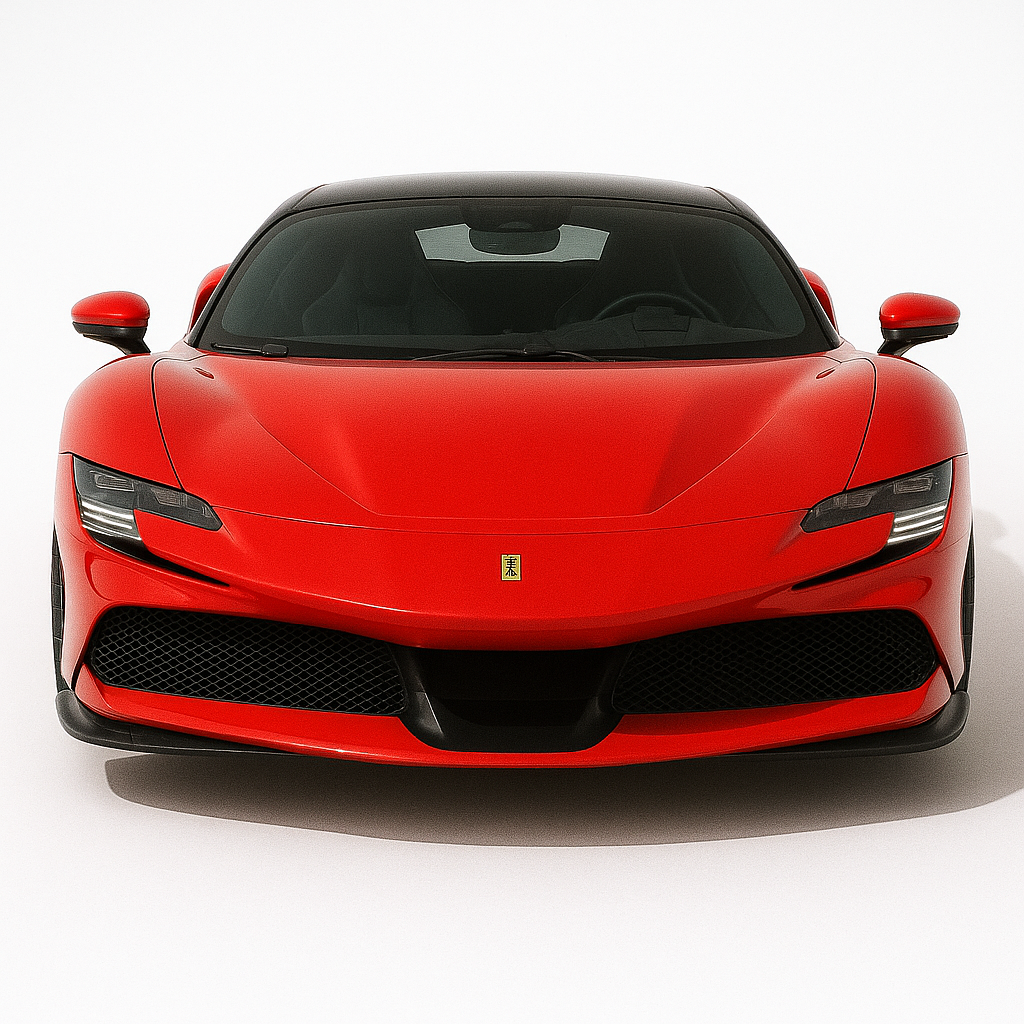 Front view of a red Ferrari SF90 Stradale, a 2020s hybrid supercar with sharp aerodynamic lines and aggressive LED headlights.
