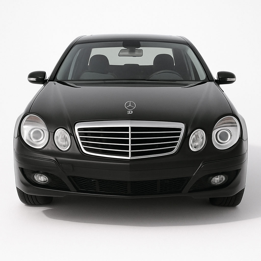 1:24 Mercedes-Benz E-Class W211 (2002–2009) diecast model car in black – detailed front view with chrome grille and classic sedan styling.