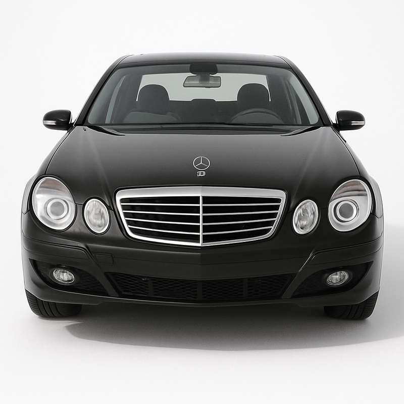 1:24 Mercedes-Benz E-Class W211 (2002–2009) diecast model car in black – detailed front view with chrome grille and classic sedan styling.