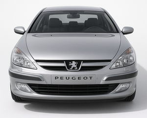 1:43 Peugeot 607 (1999–2010) diecast model car in silver – front view showing elegant French sedan design and distinctive headlights.