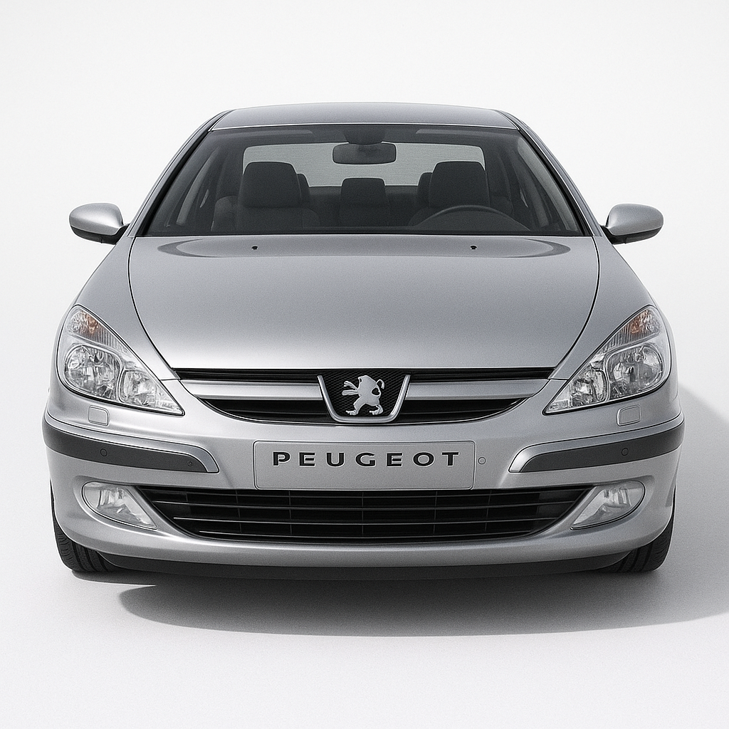 1:43 Peugeot 607 (1999–2010) diecast model car in silver – front view showing elegant French sedan design and distinctive headlights.