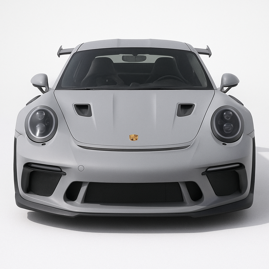 Front view of a light grey Porsche 911 GT3 RS, a 2020s track-focused sports car with aerodynamic vents and a wide stance.
