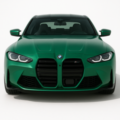 1:43 BMW M4 G82 (2021+) diecast model car – green high-performance coupe with large twin-kidney grille, front view.