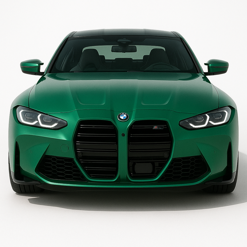 1:43 BMW M4 G82 (2021+) diecast model car – green high-performance coupe with large twin-kidney grille, front view.