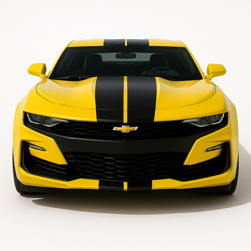 1:32 Chevrolet Camaro SS (2019–2023) diecast model car – yellow American muscle car with black racing stripes, front view.