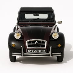 1:24 Citroën 2CV6 Charleston (1980–1990) diecast model car – classic burgundy and black French retro hatchback, front view.