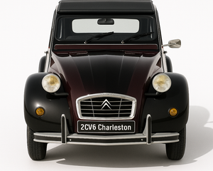 1:24 Citroën 2CV6 Charleston (1980–1990) diecast model car – classic burgundy and black French retro hatchback, front view.