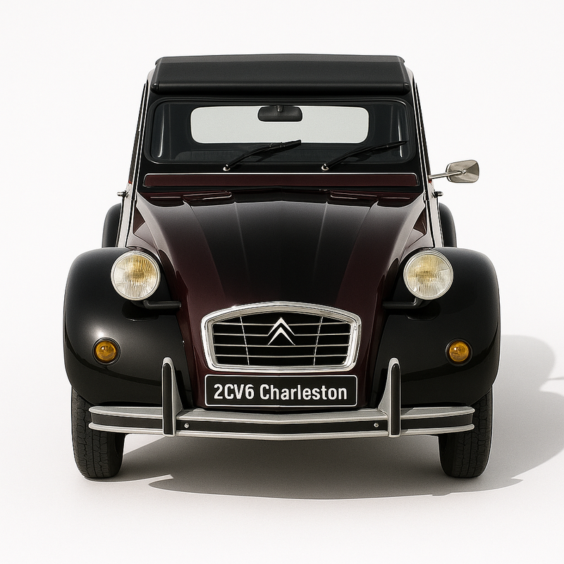 1:24 Citroën 2CV6 Charleston (1980–1990) diecast model car – classic burgundy and black French retro hatchback, front view.