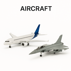 Diecast aircraft models – commercial passenger jet and military fighter jet on white background