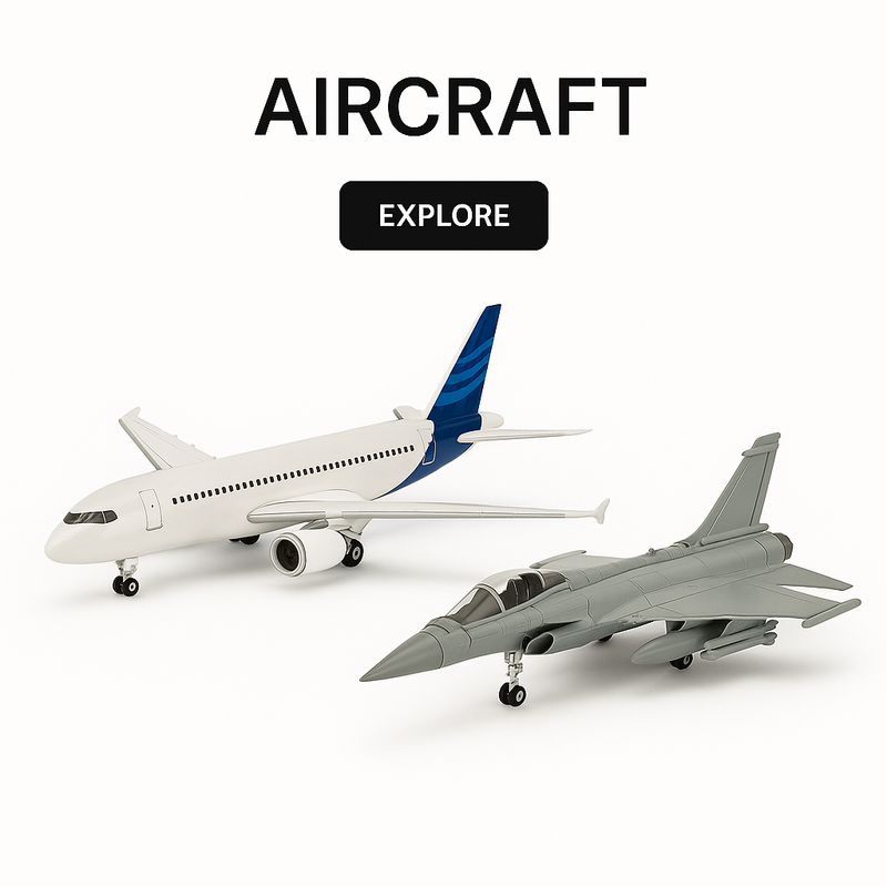 Diecast aircraft models – commercial passenger jet and military fighter jet on white background