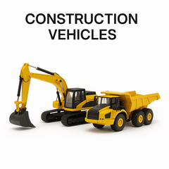 Diecast construction vehicles – yellow excavator and dump truck model on white background