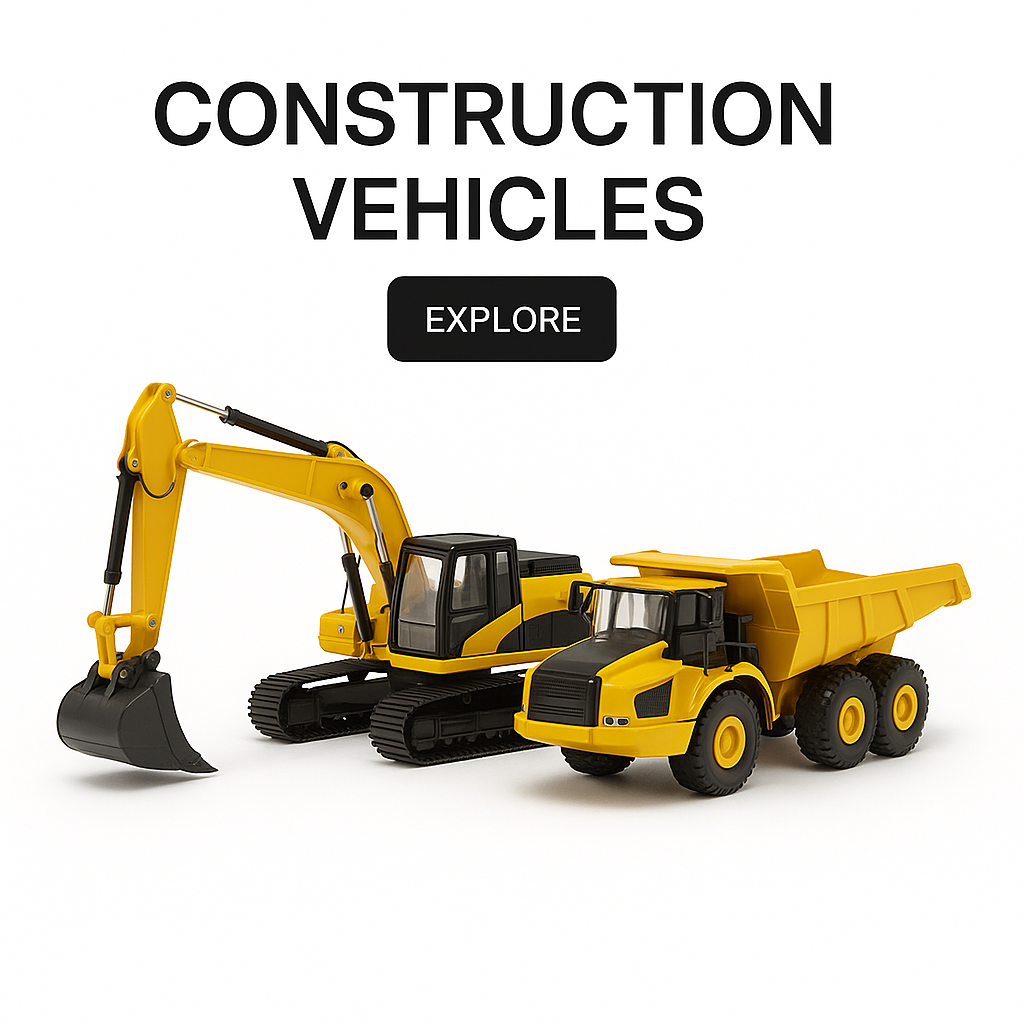 Diecast construction vehicles – yellow excavator and dump truck model on white background