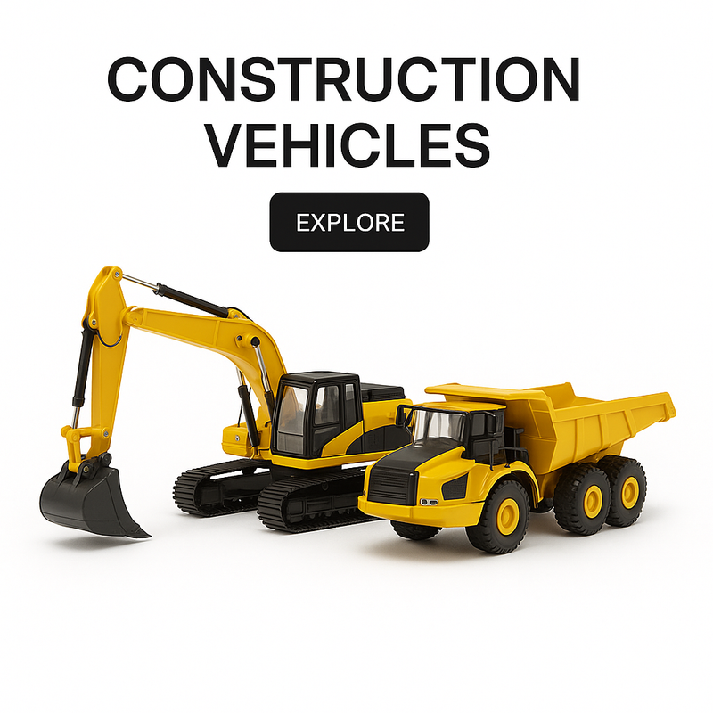 Diecast construction vehicles – yellow excavator and dump truck model on white background