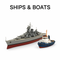 Diecast ship models – grey warship and blue tugboat displayed on a white background