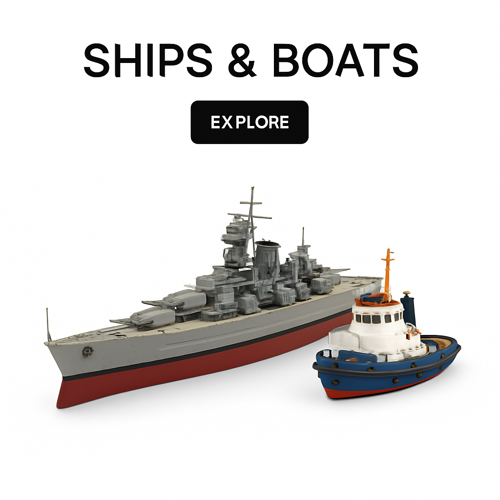 Diecast ship models – grey warship and blue tugboat displayed on a white background