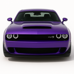 Front view of a 2020s Dodge Challenger in purple, showing its classic muscle car styling with round headlights and a wide aggressive stance.
