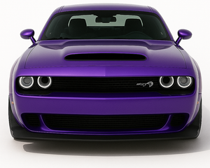 Front view of a 2020s Dodge Challenger in purple, showing its classic muscle car styling with round headlights and a wide aggressive stance.