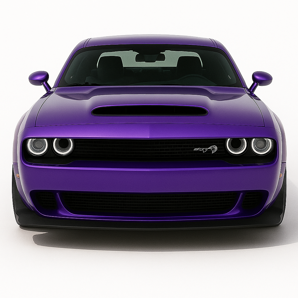 Front view of a 2020s Dodge Challenger in purple, showing its classic muscle car styling with round headlights and a wide aggressive stance.