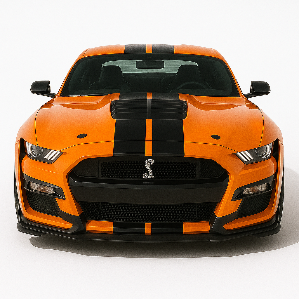 1:32 Ford Mustang Shelby GT500 (2020–2022) diecast model car – orange muscle car with black racing stripes, front angle.