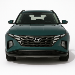 Front view of a 2021+ Hyundai Tucson, a modern SUV with a distinctive geometric grille and integrated LED lighting