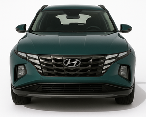 Front view of a 2021+ Hyundai Tucson, a modern SUV with a distinctive geometric grille and integrated LED lighting.