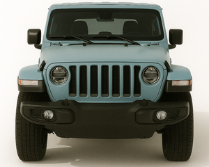 1:43 Jeep Wrangler JL (2018+) diecast model car in blue – iconic off-road SUV front view with seven-slot grille and round headlights.