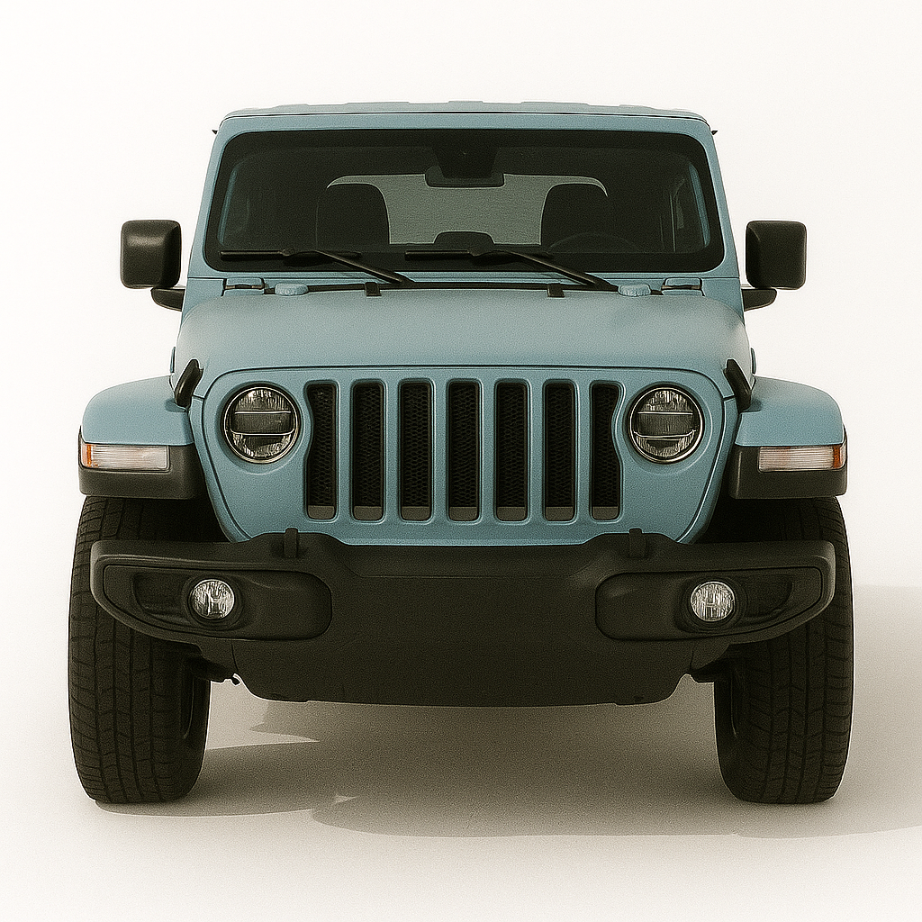 1:43 Jeep Wrangler JL (2018+) diecast model car in blue – iconic off-road SUV front view with seven-slot grille and round headlights.