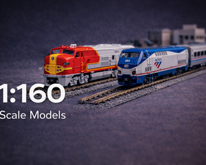 1:160 scale miniature train models on studio background