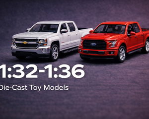 1:32-1:36 scale die-cast pickup truck models on neutral background