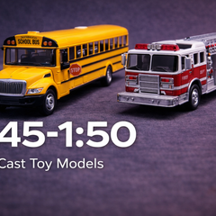 1:45-1:50 scale die-cast toy vehicle models including bus and fire truck