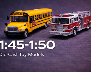 1:45-1:50 scale die-cast toy vehicle models including bus and fire truck