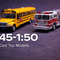 1:45-1:50 scale die-cast toy vehicle models including bus and fire truck