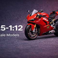 1:5-1:12 scale die-cast motorcycle models on dark studio background