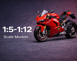 1:5-1:12 scale die-cast motorcycle models on dark studio background