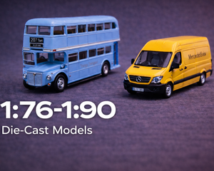 1:76-1:90 scale die-cast models miniature double decker bus and delivery van studio image