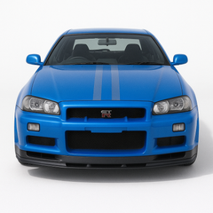 1:64 Nissan GT-R R34 Skyline (1999–2002) diecast model car in blue – iconic JDM front view with signature quad headlights.