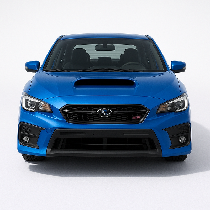 1:64 Subaru WRX STI VA (2014–2021) diecast model car in blue – front view with hood scoop and rally-inspired performance styling.