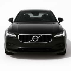 “Front view of a 2020s Volvo S90 in black, featuring a luxury sedan design with a vertical grille and sleek LED headlights.”