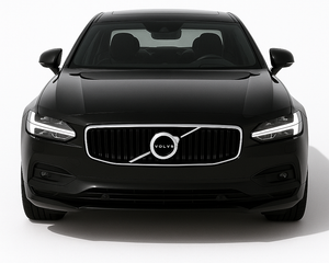 “Front view of a 2020s Volvo S90 in black, featuring a luxury sedan design with a vertical grille and sleek LED headlights.”