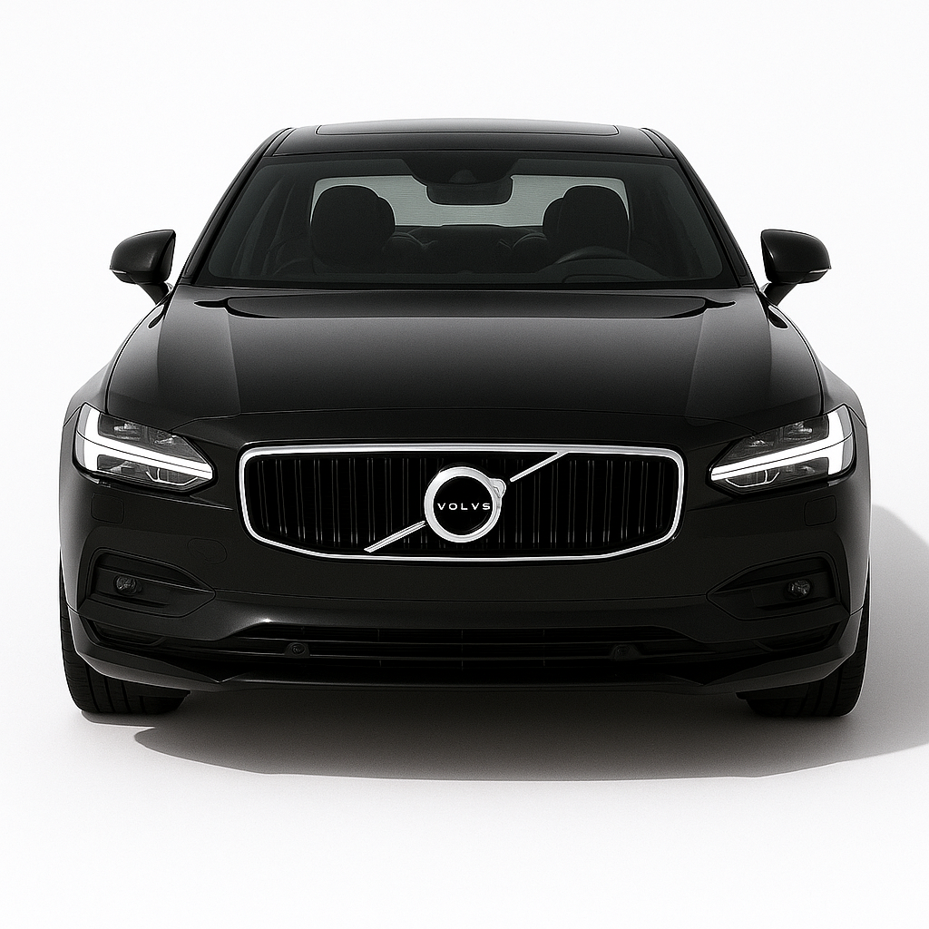 “Front view of a 2020s Volvo S90 in black, featuring a luxury sedan design with a vertical grille and sleek LED headlights.”
