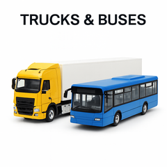 Diecast truck and blue city bus model vehicles displayed on white background