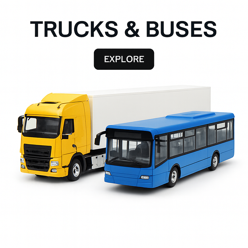 Diecast truck and blue city bus model vehicles displayed on white background