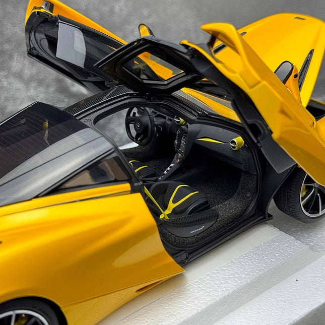 AutoArt McLaren 720S Yellow 1:18 Diecast Model Car - studio product photo of the scale model