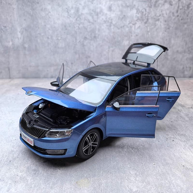 SAIC Volkswagen Skoda Rapid Blue 1:18 Diecast Model Car - studio product photo of the scale model