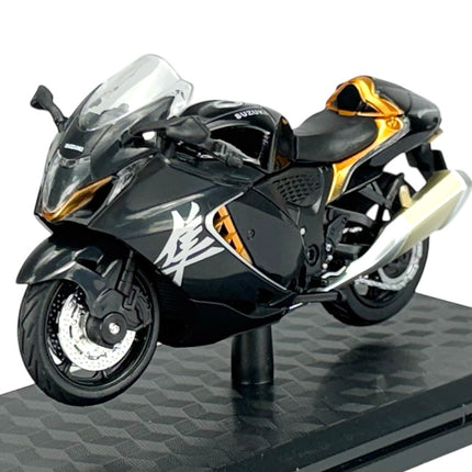 1:18 scale diecast model Suzuki motorcycle in black and gold on display stand