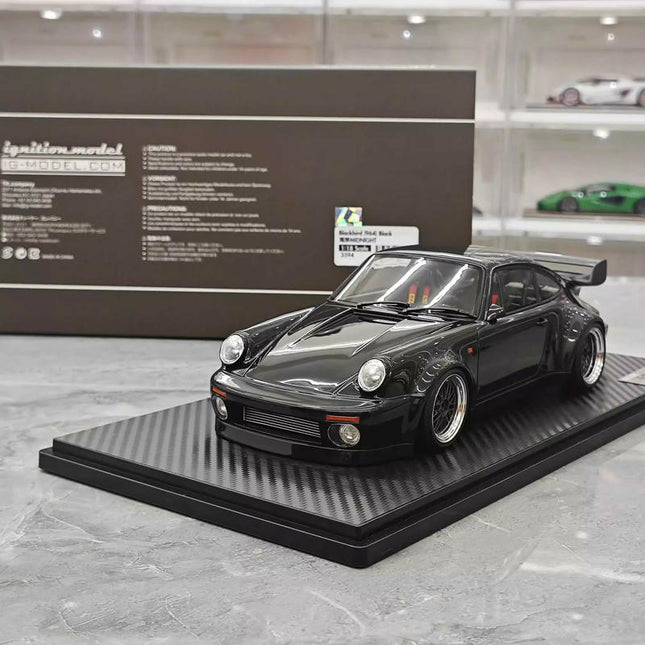 Ignition Model Porsche 964 RWB Blackbird Wangan Black 1:18 Resin Model Car - studio product photo of the scale model