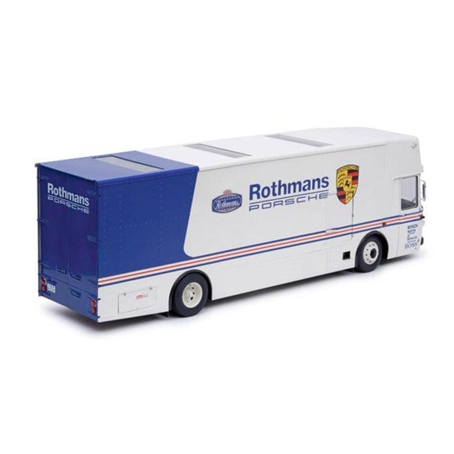 Schuco Mercedes-Benz O317K Porsche Racing Transporter - Rothmans 1:18 Diecast Model Car - studio product photo of the scale m