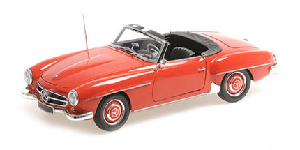 Red diecast model classic convertible car, 1:18 scale, with silver detailing and open top